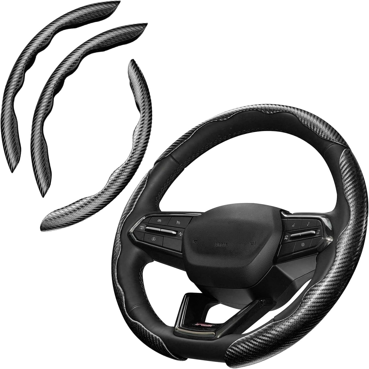 Canvcle 3 Piece Carbon Fiber Steering Wheel Cover, Car Steering Wheel Cover for Men/Women, Anti-Slip, Comfortable Grip, Durable, Universal for 99% Car Interior Accessories (Black)
