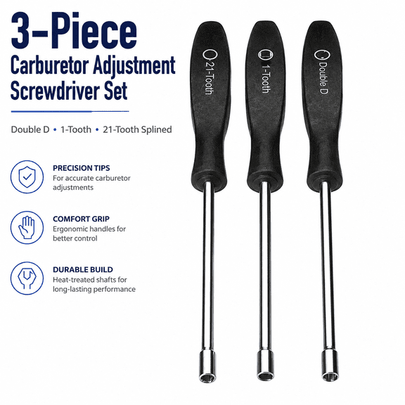 3-Piece Carburetor Adjustment Screwdriver Set, Double D, 1-Tooth & 21-Tooth Splined Tips, Steel Specialty Screwdrivers for Compatible 2-Cycle Engine Carburetor Maintenance