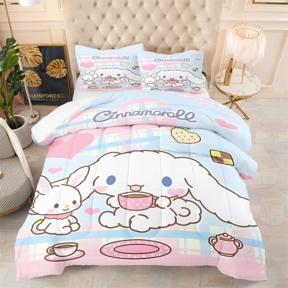 3 Piece Cartoon Bedding Comforter Sets with Blue Pink Cinnamoroll Rabbit Printed Full Size Bed in a Bag for Adult/Teens/Kids
