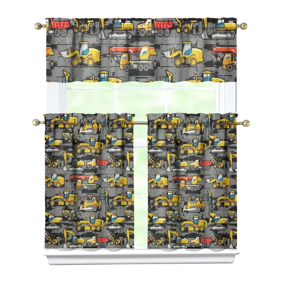 3-Piece Cartoon Car Kitchen Window Curtain Set, Construction Truck Excavator Fire Truck Tier and Valance Set for Nursery, Light Filtering Rod Pocket Curtains for Boys Room