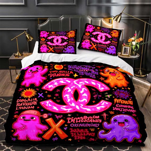 3-Piece Cartoon Character Duvet Cover Set - Vibrant Pink Orange & Purple with Playful Ghosts & Graffiti Style Design