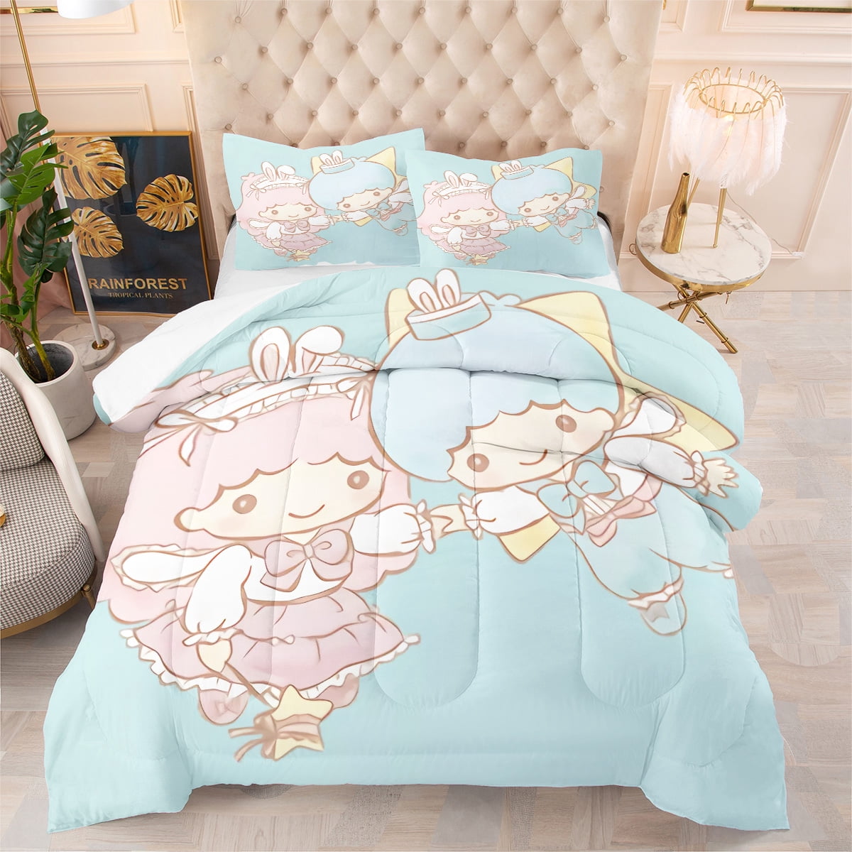 3 Piece Cartoon Comforter Set, 3D Little-Twin-Stars Woman Girls Comforter Pillowcase Bedding for All Season, Full Size