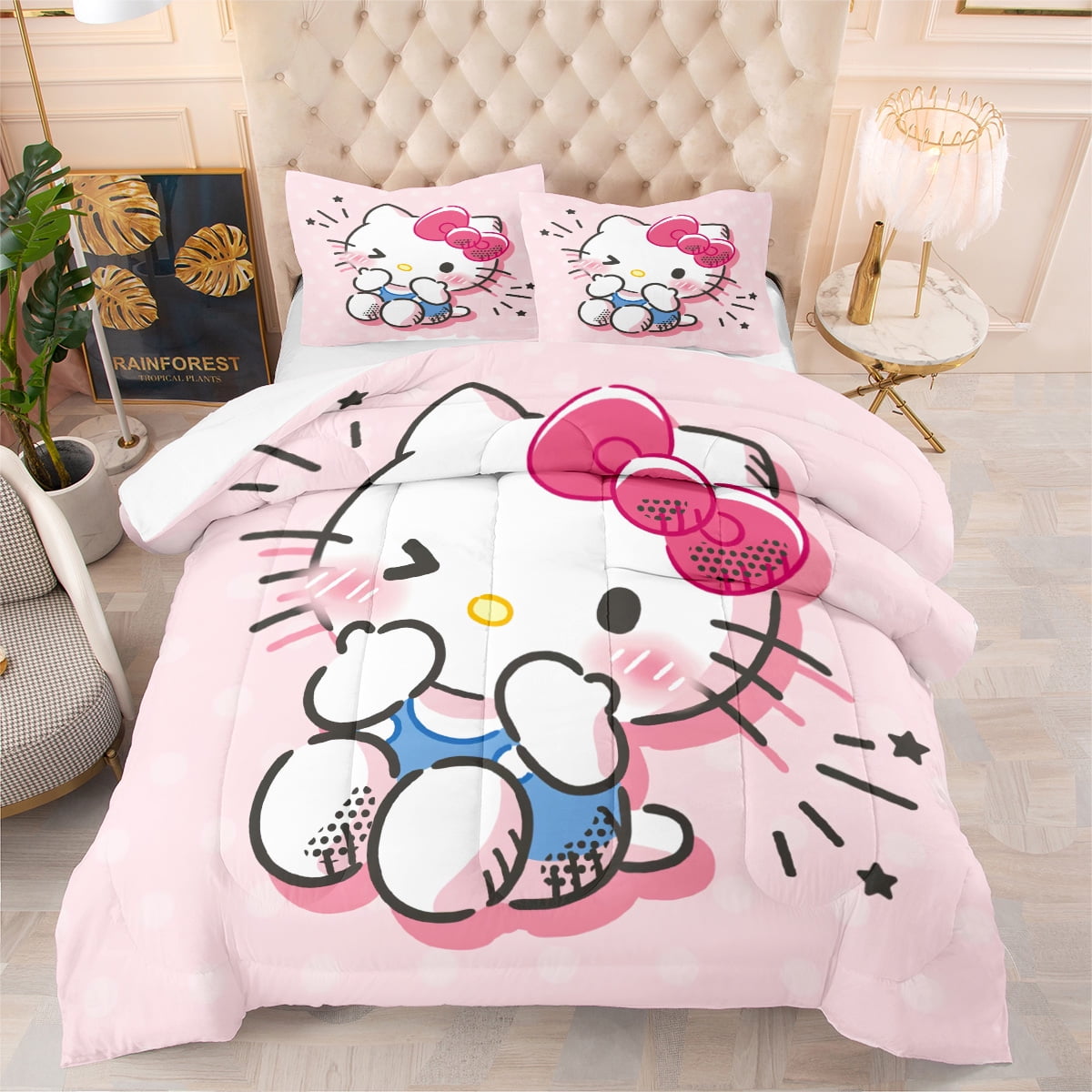 3 Piece Cartoon Cute Cats Kawaii Comforter Set with 2 Pillowcases
