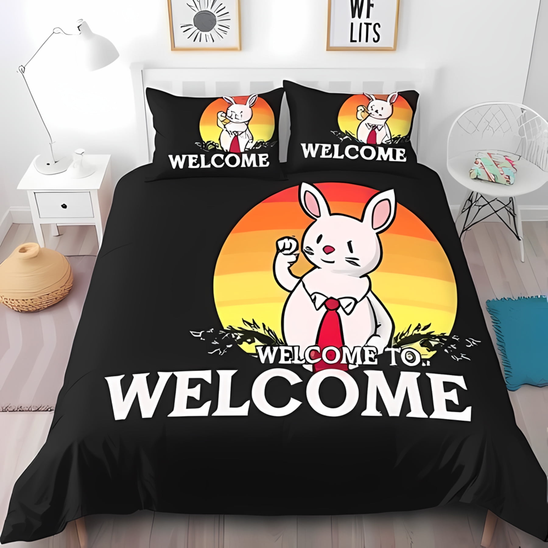 3-Piece Cartoon Rabbit Duvet Cover Set - Charming Bedding with Red Tie ...