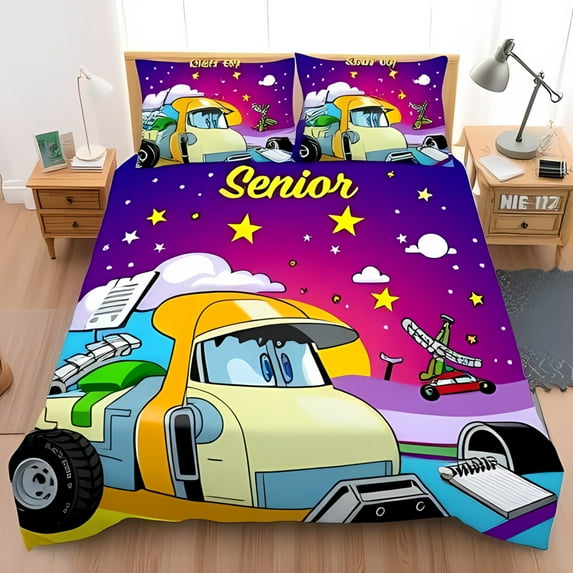 3-Piece Cartoon Race Car Duvet Cover Set - Colorful Whimsical Design with Cheerful Car Stars & Clouds Perfect for Bedrooms