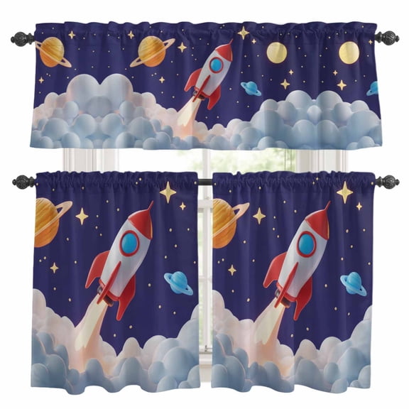3 Piece Cartoon Rocket Kitchen Curtain Valance and Tiers Set Cloud Space Stars Cute Planet Classic Rod Pocket Tier Curtain 36 Inch Small Window Drapes for Living Room Bedroom Cafe Home Decor