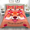 thumbnail image 1 of 3-Piece Cartoon Wolf Duvet Cover Set - Vibrant Orange & Pink Bedding for Animal Lovers - "Just a Girl Who Loves Wolves", 1 of 4