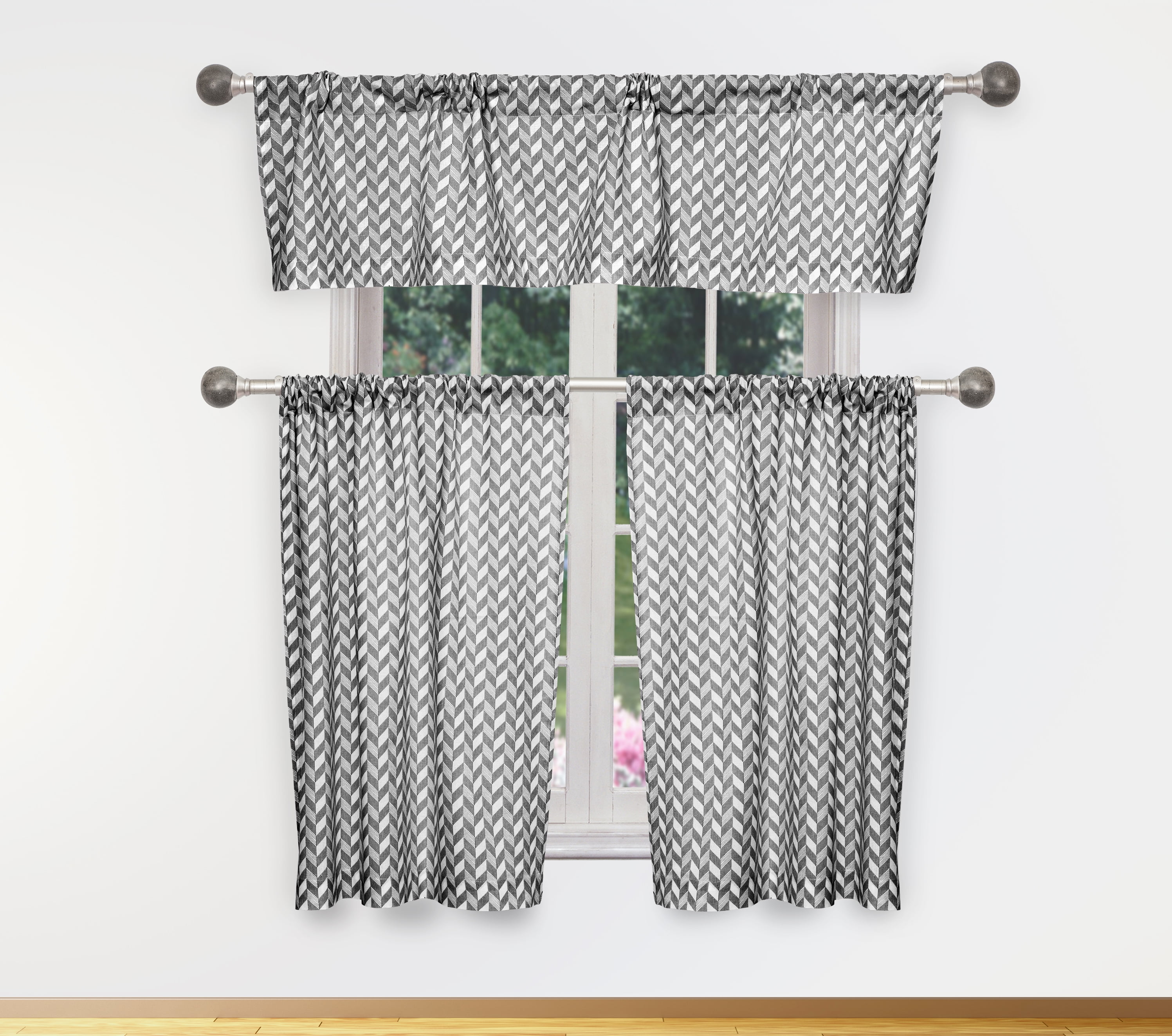 3-Piece Caspian Kitchen Curtain Set 58 in. W x 15 in. L in Black