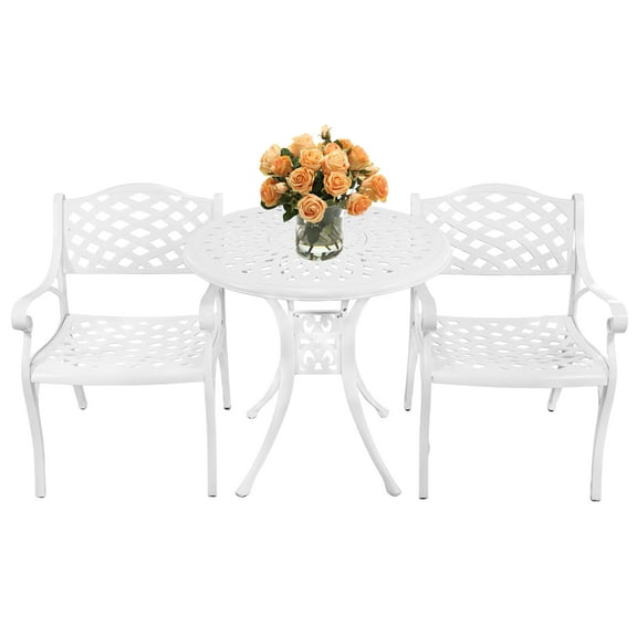 3 Piece Cast Aluminum Bistro Set With Umbrella Hole, Outdoor Patio Furniture With Adjustable Foot Cap, Outdoor Table and 2 Chairs for Garden, White