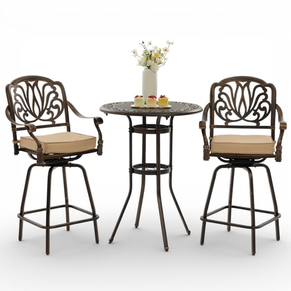 3-Piece Cast Aluminum Outdoor Bar Set, 31.5" Round High Top Patio Table & 2 Swivel Barstools with Cushions, Antique Bronze Rustproof Bistro Set for Balcony, Poolside & Deck