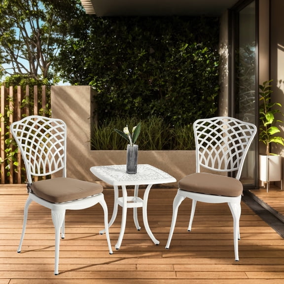 3-Piece Cast Aluminum Patio Furniture, White Cushioned / Durable for All Outdoor Areas