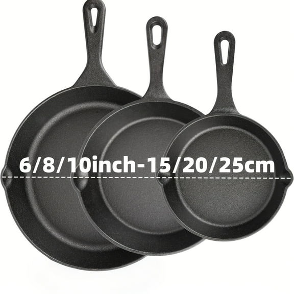 3pc Cast Iron Skillet Set (6/8/10 Inch) - Heavy Duty Sand Cast, Pre-Seasoned Non-Stick, Oven & Grill Safe - Even Heat for Steak, Baking, Campfire Cooking