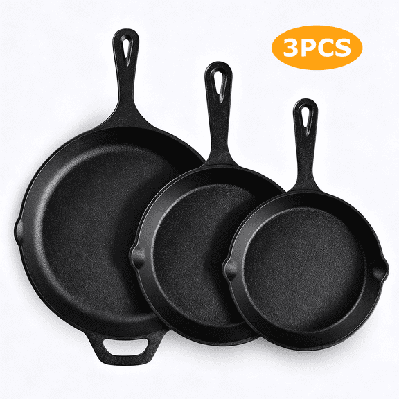 3 Piece Cast Iron Skillet Set, AOKIWO 6", 8", 10" Pre-Seasoned Pan Cookware Set with Handles, Heavy-Duty Frying Pans For Saute, Cooking, Pizza,  Oven Grill Stovetop Safe Cookware
