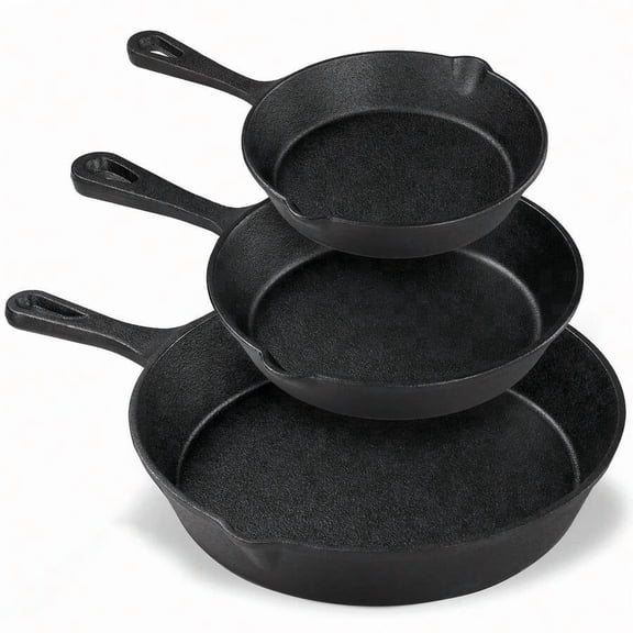3-Piece Cast Iron Skillet Set - Pre-Seasoned Chef Grade (10"/8"/6"),