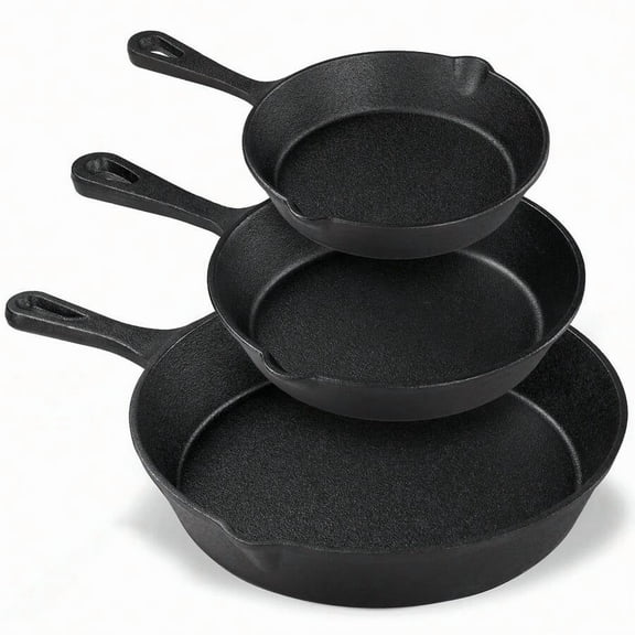 3-Piece Cast Iron Skillet Set - Pre-Seasoned Chef Grade (10"/8"/6"), Heavy-Duty Restaurant Quality, Oven-Suitable For Searing, Baking, Frying & Camping