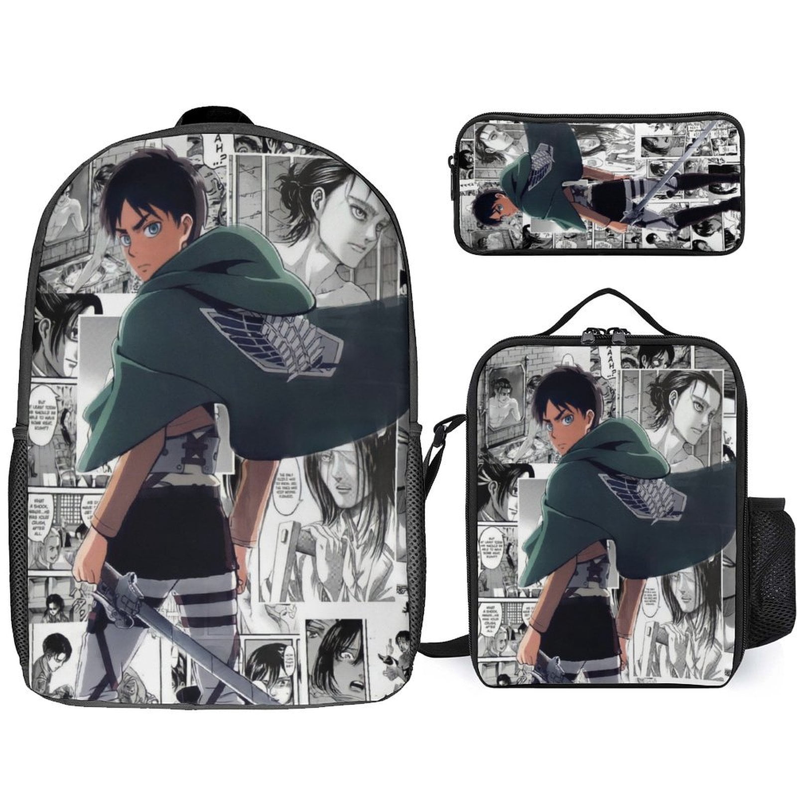 3 Piece Casual Backpack Set Attack on Titan Eren Jaeger Shoulder Bag ...