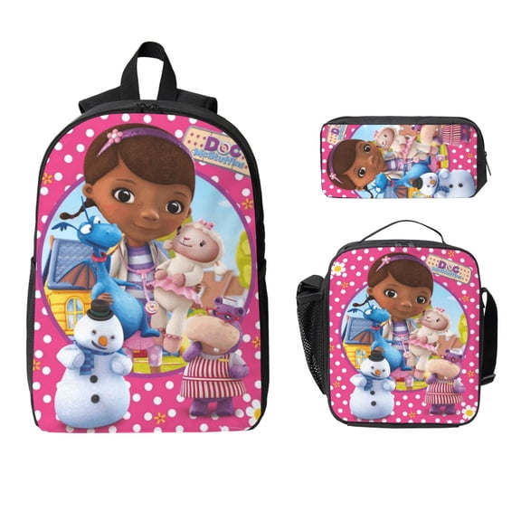 3 Piece Casual Shoulder Bag, Doc McStuffins Backpack Set Travel Knapsack with Lunch Box Pencil Case