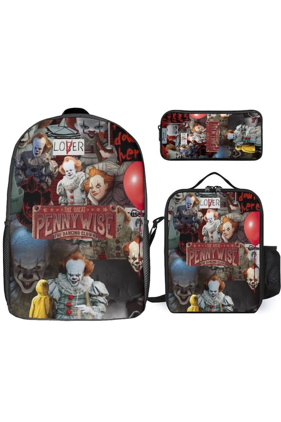 3 Piece Casual Shoulder Bag, Pennywise Backpack Set Travel Knapsack with Lunch Box Pencil Case