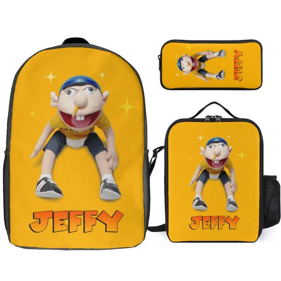 3 Piece Casual Shoulder Bag, SML Jeffy Backpack Set Travel Knapsack with Lunch Box Pencil Case
