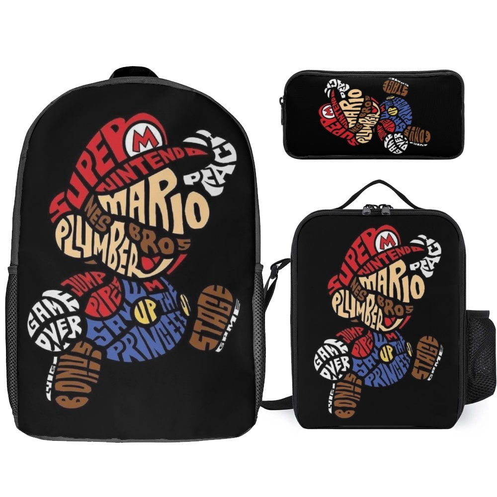 3 Piece Casual Shoulder Bag, Super Mario Backpack Set Travel Knapsack ...