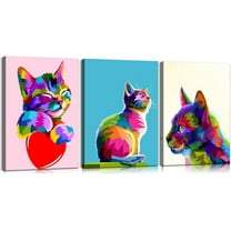 3 Piece Cat Canvas Wall Art Set - Wooden d Watercolor Cat Posters, Colorful Pop Art Animal Wall Decor (12x16x3 inches) - Lightweight & Easy Hanging for Home, Pet Shop, Pet Hospital
