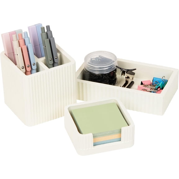 3-Piece Cement Desk Organizer Set, Desktop Accessory Kit with Pen Cup, Sticky Note Holder, Catch-All Tray, Modern Office Decor, Cement, Cream