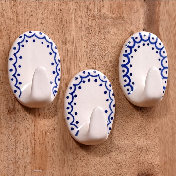 3 Piece Ceramic Adhesive Decorative Wall Hooks for Hanging Coats, Keys, Towels, Hat, Leash- Blue and White Boho Sticky Wood Towel Hooks for Bathrooms (6 Strips Included)