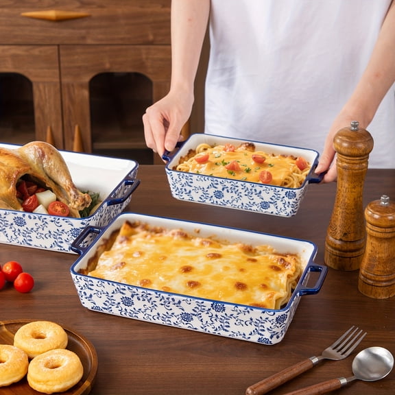 3-Piece Ceramic Bakeware Set, Rectangular Lasagna & Casserole Dish for Oven, Microwave & Dishwasher Safe, 15.1/13.6/9.9'', Blue & White, Ideal Gift