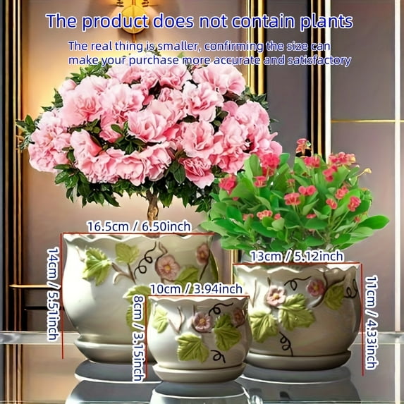 3-Piece Ceramic Flower Pot Set with Trays - Small, Medium & Large with Drainage Holes - for Succulents, Orchids & - Perfect for Home, Balcony & Holiday Decor