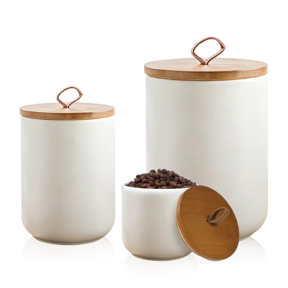 3-Piece Ceramic Kitchen Canister Set with Airtight Bamboo Lids, Lead-Free Food-Grade Storage Jars for Coffee, Tea, Sugar, Grains, Spices, Countertop Organizers (White, Gift Boxed)