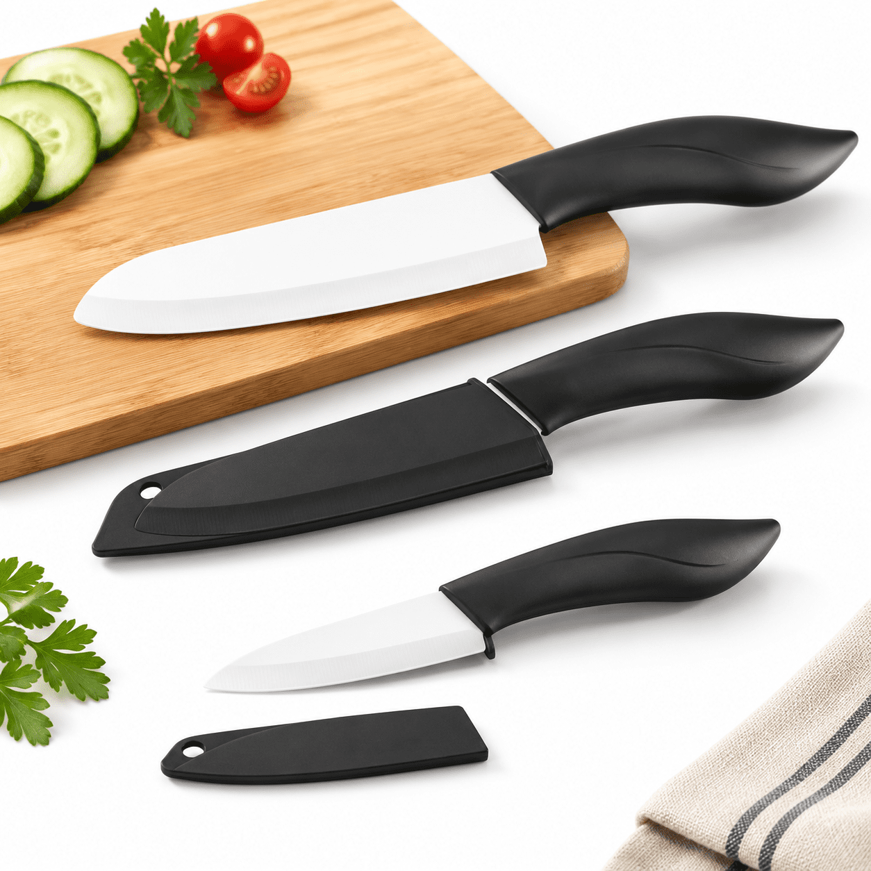 3 Piece Ceramic Kitchen Set with Sheath Covers, 6 Inch Santoku, 6 Inch ...