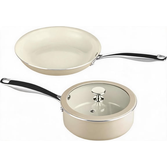 3-Piece Ceramic Nonstick Fry Pan and Saucepan Set with Glass Lid Induction Compatible