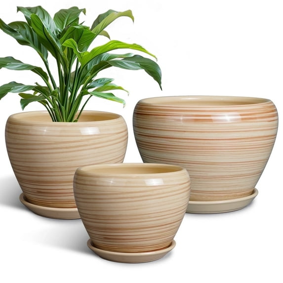 Round Flower Pots 6+8+10 Inch for Indoor Plants Modern Ceramic Planter with Saucer for Orchids & Flowers Housewarming Gift for Mom Yellow