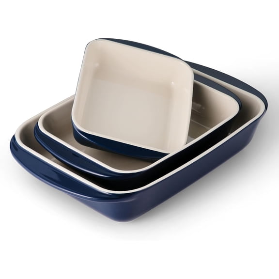 3-Piece Ceramic Porcelain Baking Pans Set Non Stick Casserole Dishes for Oven Rectangular Bakeware for Lasagna Cakes and Loafs Cobalt