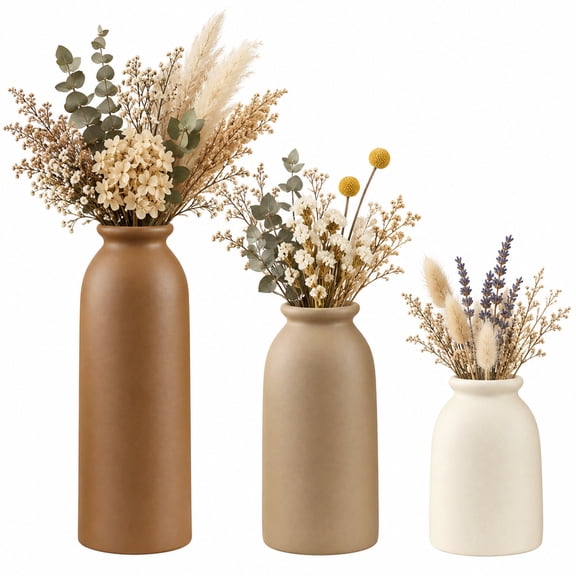 Set of 3 Small Ceramic Vases, Rustic Farmhouse Decor, 3.9-8.7 in Tall, Natural Earth Tones, Fresh or Dried Flower Display, Narrow Openings for Stems, Standalone Accent for Shelves