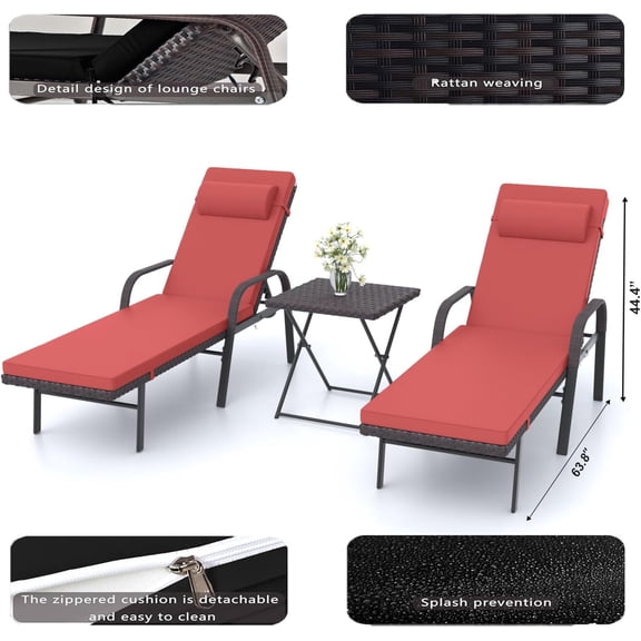 3-Piece  Chaise Lounge Set with Rattan Adjustable Backrest and Folding Table for Outdoor Poolside