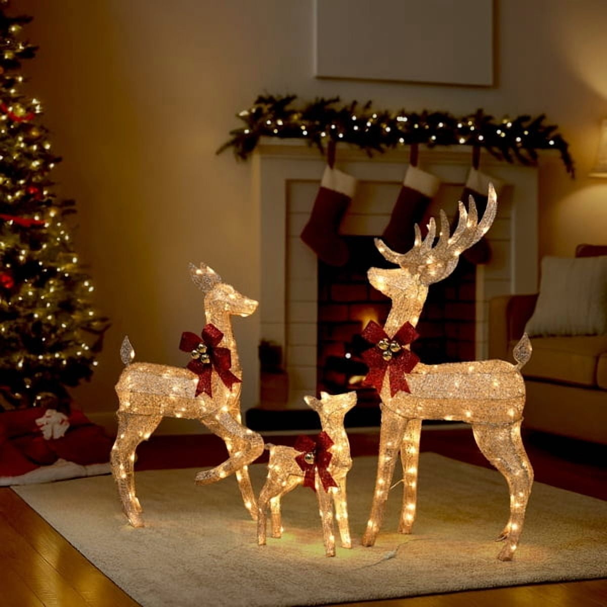 3-Piece Champagne Family Elk Christmas Decoration - 210 Built-In Light Strings, Easy Installation w/Ground Spikes, Indoor/Outdoor Holiday Decor