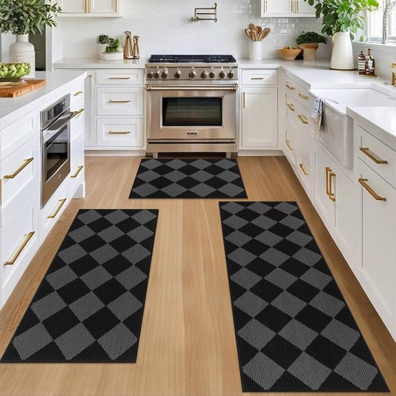 3 Piece Checkered Kitchen Runner Rug Washable Non Slip Kitchen Rug Set Indoor Floor Carpet Doormat, Hallway Entryway Runner Rug for Laundry, Bathroom, Living Room