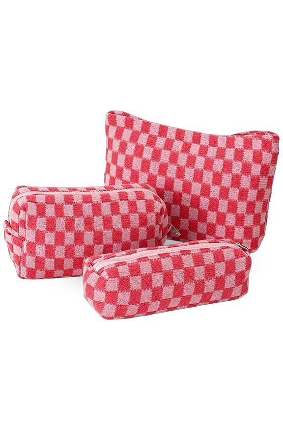 3-Piece Checkered Makeup Bag Set, Polyester Cosmetic Pouches, Versatile Travel Toiletry, Pencil Case Organizers