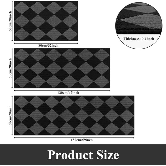 3 Piece Checkered Runner Rug Washable Non Slip Kitchen Rug Set Indoor Floor Carpet Doormat, Hallway Entryway Runner Rug for Laundry, Bathroom, Living Room