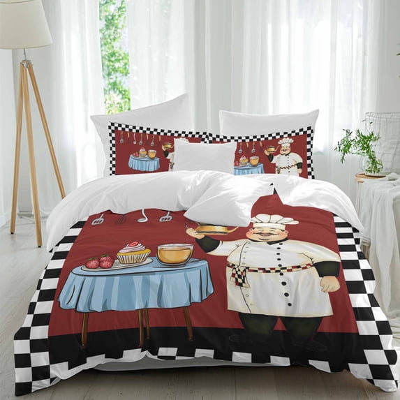 3 Piece Chef Duvet Cover Set Full Size,Microfiber Comforter/Quilt Cover with Corner Ties and 2 Pillowcases,Cartoon Red Food Cooking Black White Buffalo Check All Season Bedding with Zipper Closure