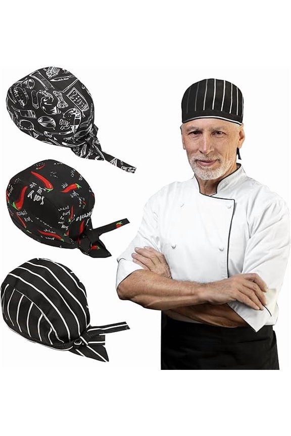 3-Piece Chef Turban Caps, Adjustable Breathable Beanie, Unisex for Kitchen Catering Restaurant