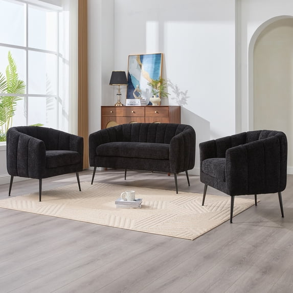 3-Piece Chenille Small Living Room Items Set with Metal Legs, Channel Tufted Sofa Conversation Set for Living Room/Bedroom/Balcony/Office/Reception/Apartment, Loveseat & 2 Accent Chair,Black