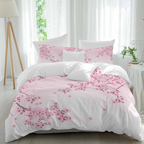 3 Piece Cherry Blossom Duvet Cover Set Twin Size, Microfiber Comforter/Quilt Cover with Corner Ties and 2 Pillowcases, Gradient Tree Pink Flower Plant All Season Soft Bedding with Zipper Closure