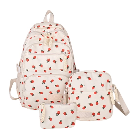 3 Piece Cherry Print Backpack Set Lightweight Casual Daypack with Crossbody Pouch and Pencil Case for Travel Daily Commute 16.5 x 11.8 x 5.5 Inch