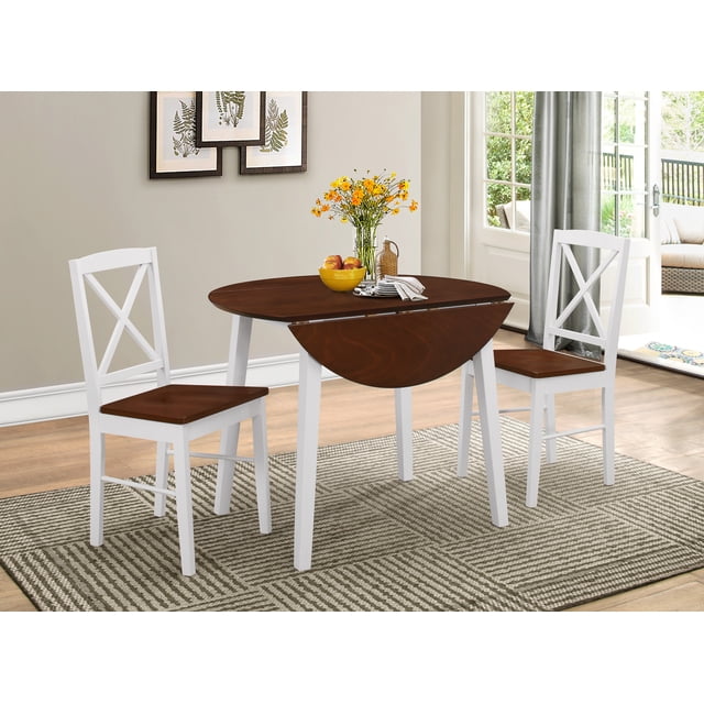 3 Piece Cherry & White Wood Round Kitchen Dinette Drop Leaf Dining ...