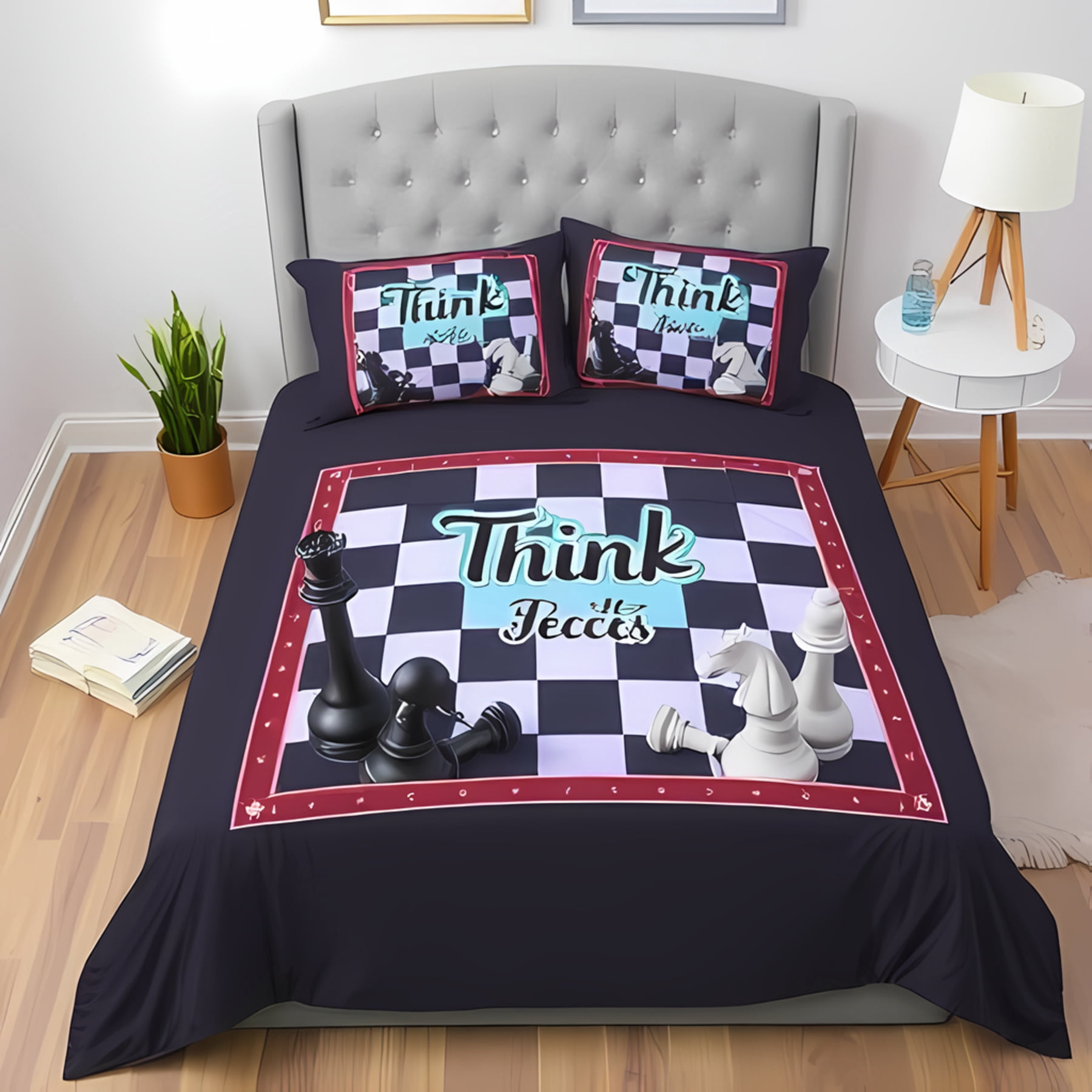 Think Chess Design 3-Piece Chess Themed Duvet Cover Set - Black & White Chessboard Design ...