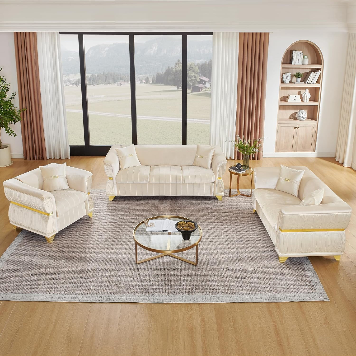 3 Piece Chesterfield Sofa Set, Luxury Velvet Couch with Gold Accents, Beige | Single Sofa & Loveseat & 3-Seater Cloud Couch, Pleated Arms, Velvet Upholstery, For Living Room, Villa, 5 Pillows