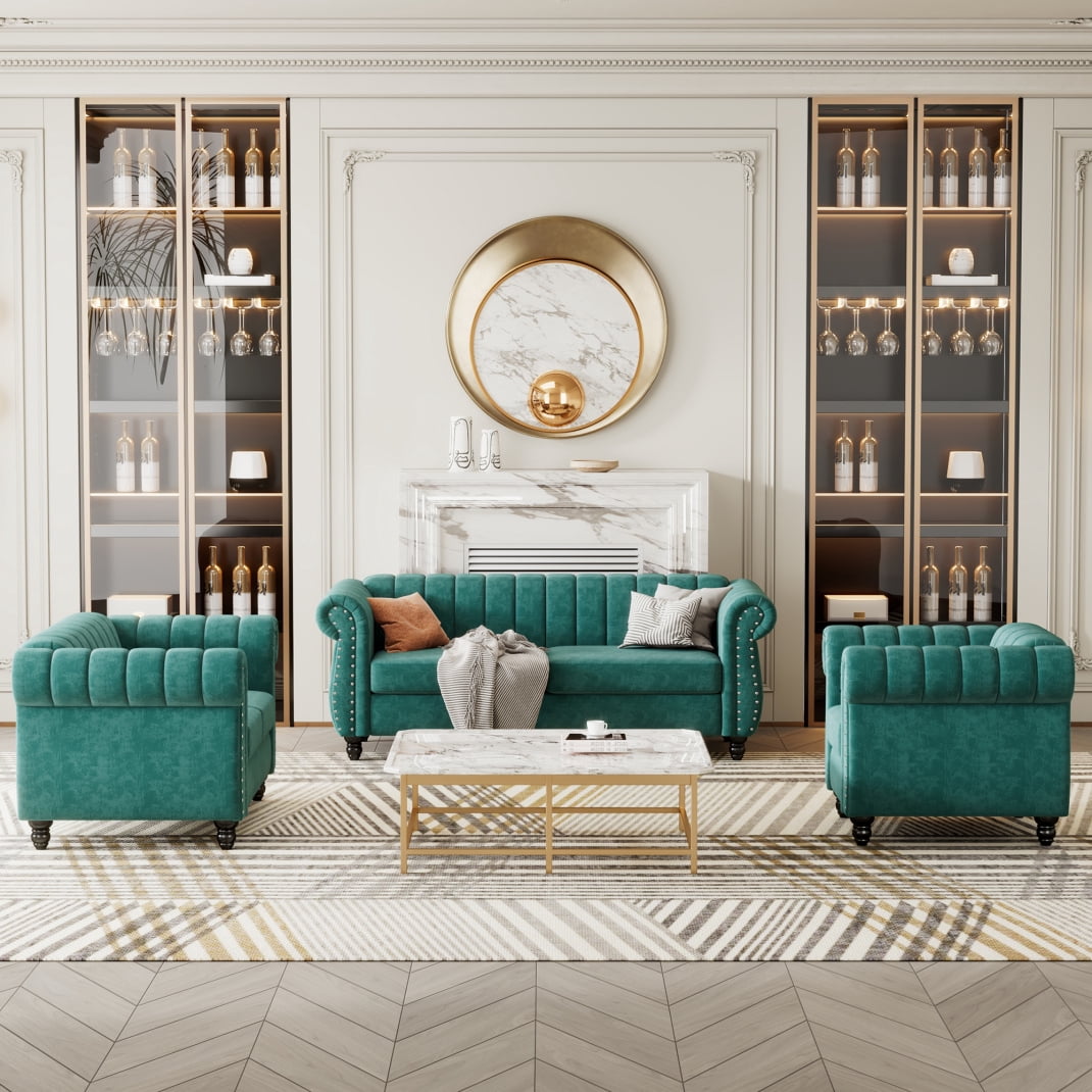 3 Piece Chesterfield Sofa Set with Rolled Arms Upholstered Buttoned ...