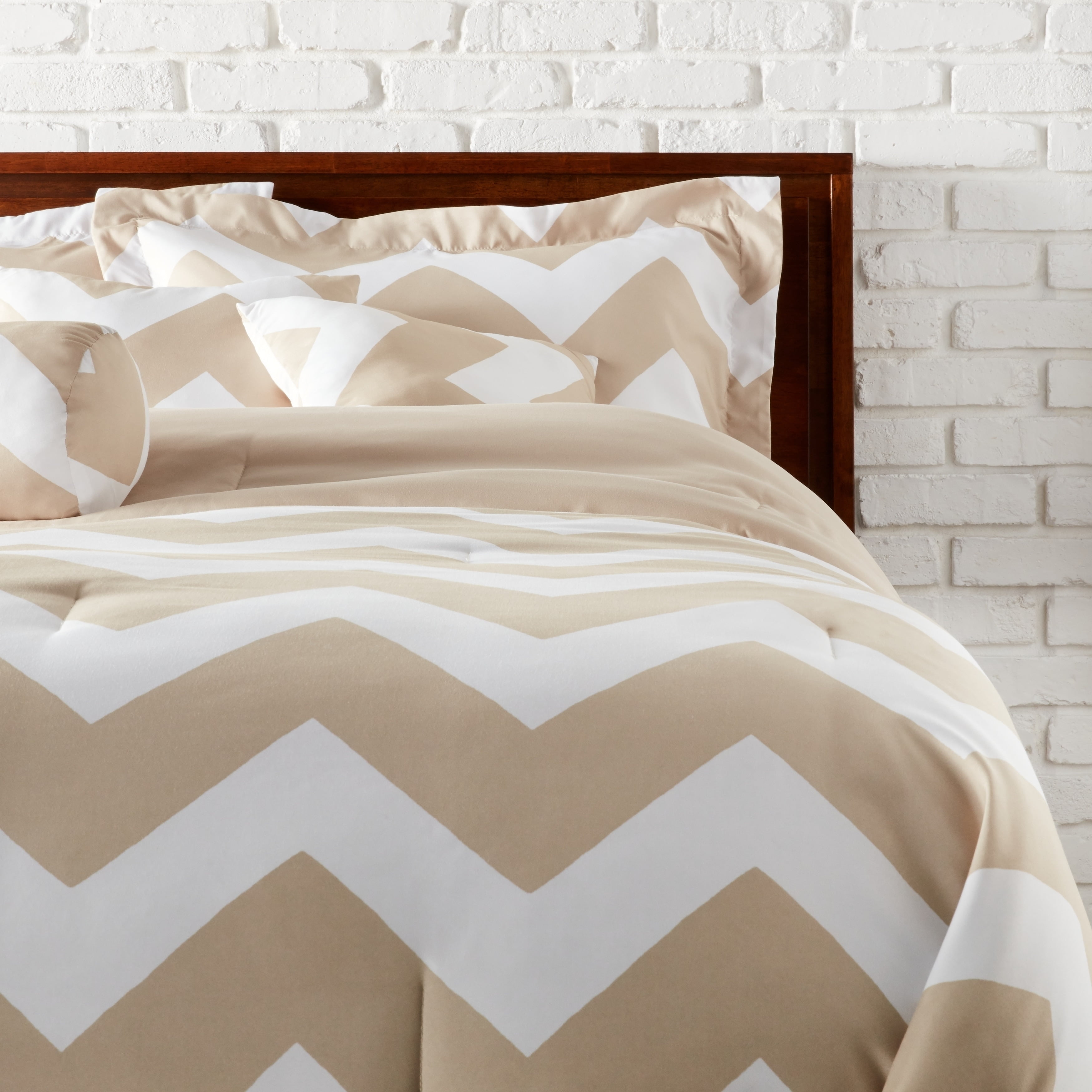 King Size Taupe and White Chevron Microfiber Duvet Cover Set